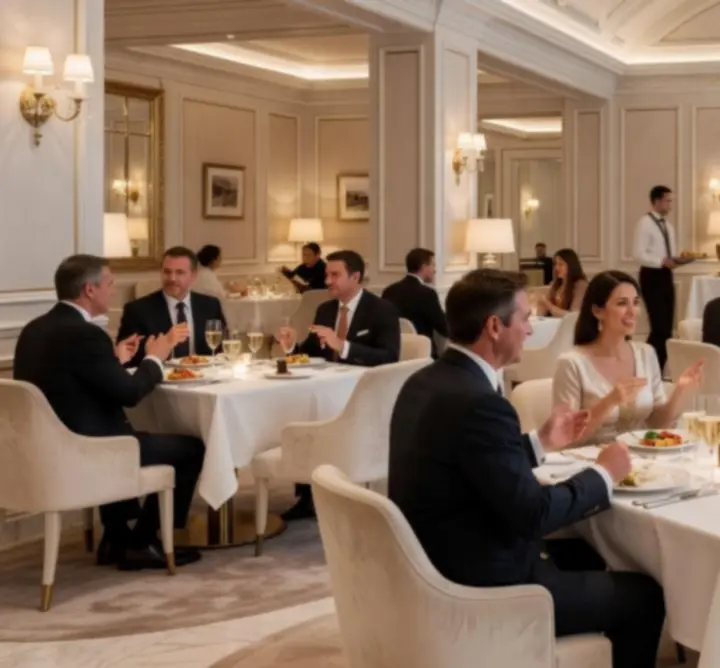 Cinematic interiér restaurace Kralo View s elegantním nasvícením